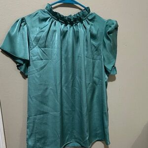 Chic Teal Ruffle Neck Blouse